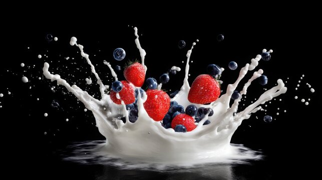 crystal white milk splash frozen into elegant crown shape with fresh strawberries and blueberries suspended in motion, premium dairy advertising