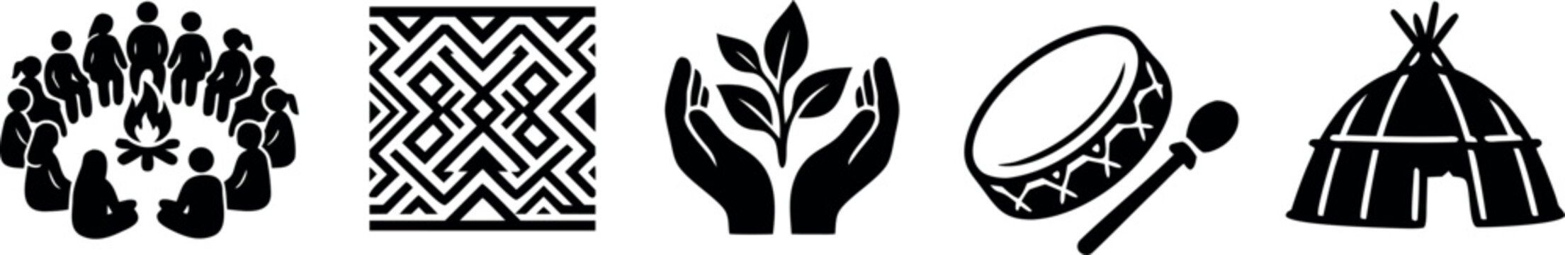 Indigenous culture icon set with community circle, tribal pattern, plant, drum and traditional hut symbols