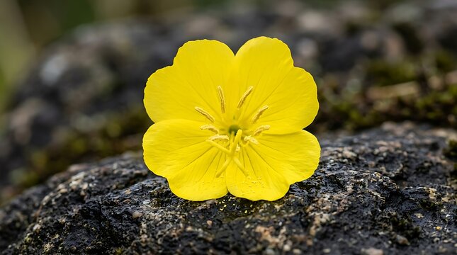 Bright yellow evening primrose flower resting on dark textured wet stone surface