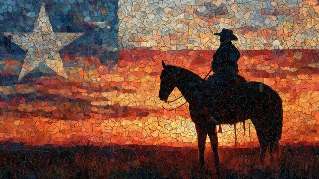Cowboy silhouette on horseback against Texas sunset with star background
