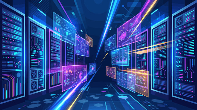 Futuristic Data Center Concept Visualization of High-Performance Servers and Digital Information Displays within a Hyper-Connected Network Infrastructure with Dynamic Data Flow