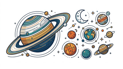 Colorful illustrated planets and celestial bodies in space. © Yandi