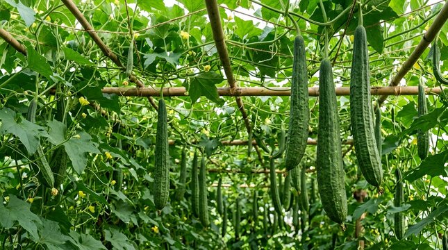 Green ridge gourds hanging from a bamboo trellis in a garden