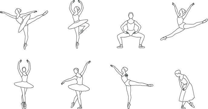 Elegant ballerina line art vector icon bundle showcasing classic ballet dance positions and active performance poses