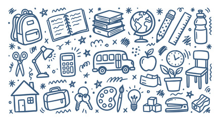 Hand drawn school supplies and educational icons doodle set for learning and academic projects © Arshad