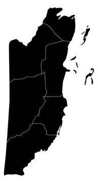 A contour map of Belize with district borders. Belizean administrative silhouette