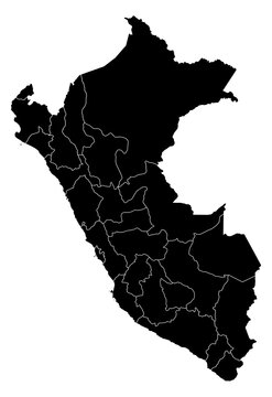 A contour map of Peru with department borders. Peruvian administrative silhouette