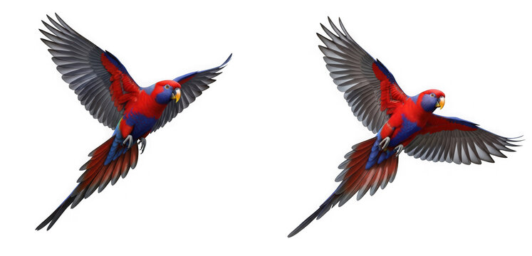 Vibrant red and blue parrot flying with wings spread wide isolated on transparent background