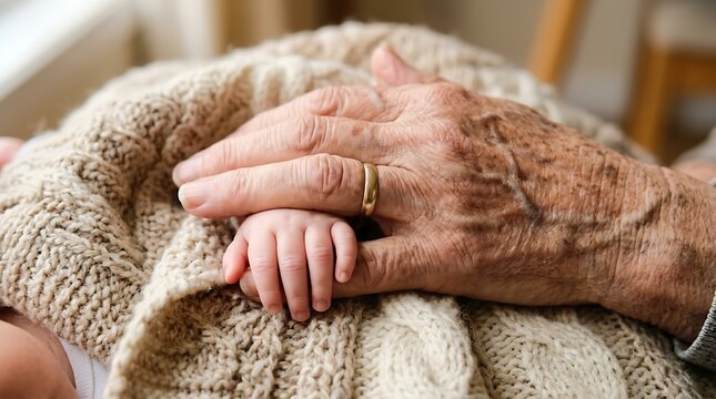 Soft baby fingers touching the weathered, wrinkled skin of an elderly grandparent resting on a cable blanket.