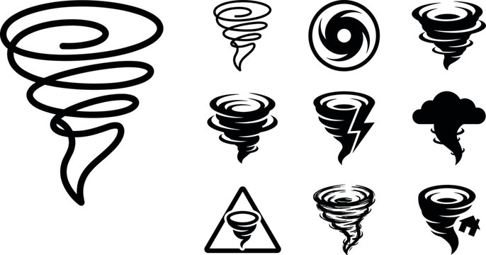 Tornado Icon Set with Swirl, Spiral, Funnel, Cyclone, Lightning, Cloud, and Danger Symbol for Concept Design