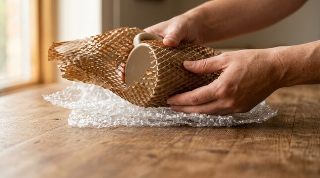 Paper honeycomb wrap used for eco - friendly packaging of ceramic mug