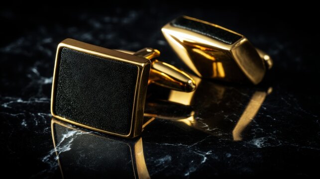 Elegant black and gold cufflinks with polished mirror finish, microscopic brushed metal texture, luxury men s accessories advertisement, dramatic