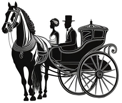 Silhouette of an African couple in a classic horse-drawn carriage, highlighting the intricate details of the carriage and the horse. The minimalist design focuses on contrasts, giving it a timeless an