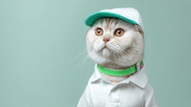 Elegant British Shorthair cat wearing a white luxury polo shirt, green visor cap and wristbands, muted mint background, premium summer tennis club
