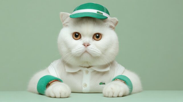 Elegant British Shorthair cat wearing a white luxury polo shirt, green visor cap and wristbands, muted mint background, premium summer tennis club