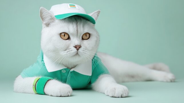 Elegant British Shorthair cat wearing a white luxury polo shirt, green visor cap and wristbands, muted mint background, premium summer tennis club