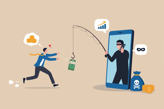 Phone scam, telephone call lying about fake investment, fraud to steal money from victim, financial crime concept, greedy man chasing easy money bait from thief phone call lying for paying scams