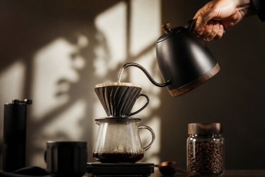 Hand pouring hot water into coffee dripper over glass carafe