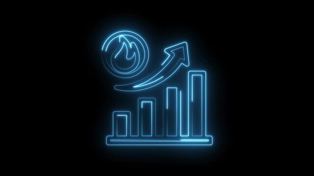 Neon blue glowing graph bars rising with upward arrow and fire icon symbolizing growth success