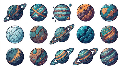Colorful Illustrated Planets and Satellites Collection. © Rizki