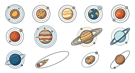 Colorful illustrated planets and solar system icons. © Rizki