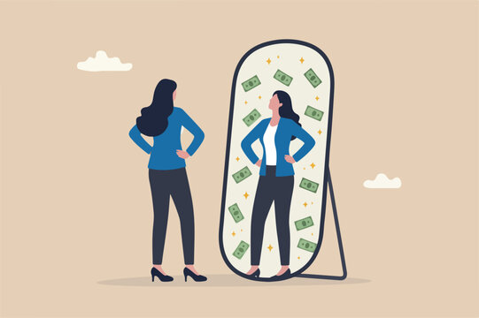 Self worth or self esteem, confident or attitude to see value in yourself, motivation positive thinking concept, confidence businesswoman look at her reflection in the mirror to see money banknotes