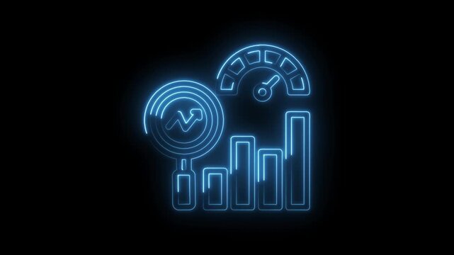 Neon blue glowing analytics dashboard with magnifying glass and speedometer icon on black