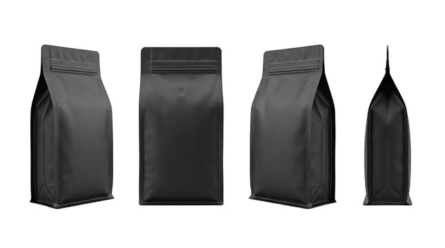 Four black coffee bags isolated on transparent background