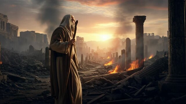 Elderly prophet standing in burning ruins of ancient city. Biblical man observing destruction at sunset. Religious scene depicting devastation and divine judgment.