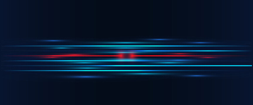 Abstract technology background glowing blue data streams with a red disrupted signal, representing connection lost, network interruption, data transmission failure.
