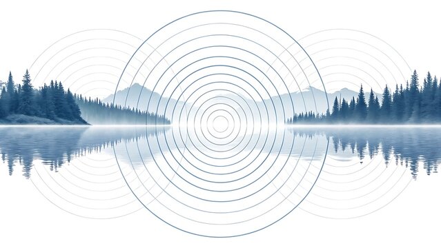 Abstract concentric wave circles over serene mountain forest lake landscape with concentric