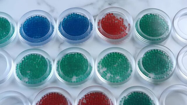 scientific research microscope slides colorful samples top-down perspective digital interface clean background blue green natural light commercial resource web banner poster copyspace.