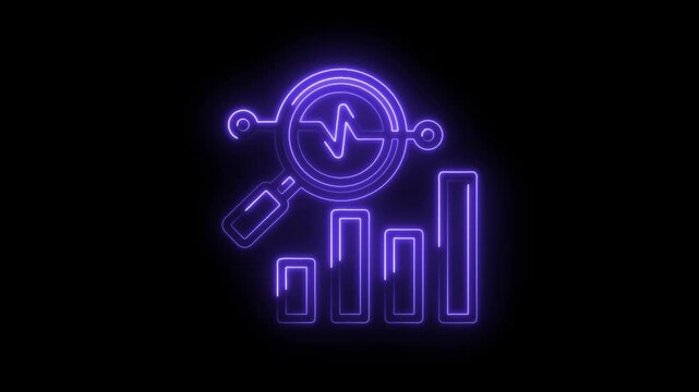 Neon glowing magnifying glass over bar chart with heart rate line graph digital animation... icon