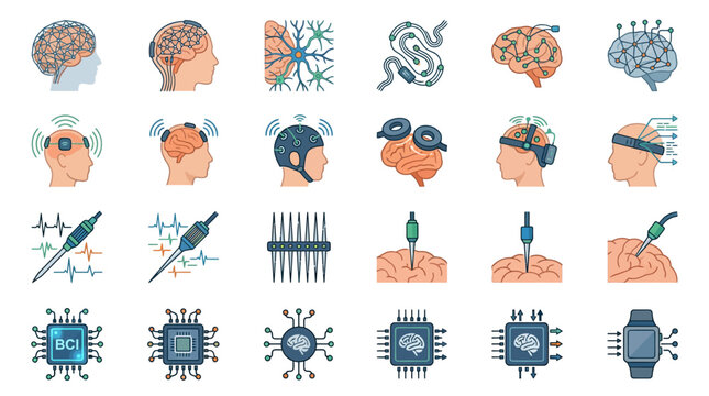Brain computer interface and neurotechnology icons set featuring neural implants sensors and brain monitoring devices.