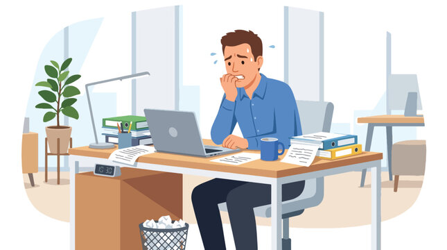 Flat style vector illustration of a stressed office worker biting fingernails while facing work pressure on a laptop. Perfect for anxiety, bad habits and workplace mental health