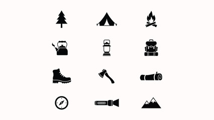 Fototapeta premium Minimalist black camping adventure icon set with evoking simplicity preparedness wilderness exploration against neutral background