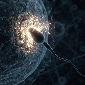 A sperm cell undergoes an acrosome reaction as it approaches an egg cell in this 3D render highlighting the process of fertilization.