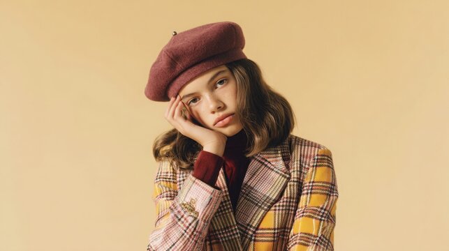 Fashionable girl wearing an oversized plaid blazer, burgundy turtleneck, wool shorts and beret, warm cream background, contemporary preppy autumn