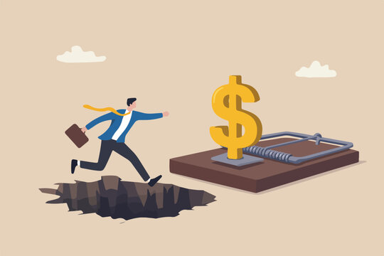 Financial money trap, risk in investment, scheme or business pitfall concept, businessman investor running and jumping into lore money pitfall mouse trap with big money dollar sign bait