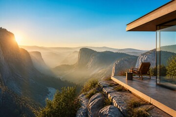 Obraz premium Modern terrace overlooking misty mountain valley at sunrise
