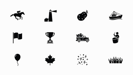 Black and white silhouette icons set with national symbols against clean white background presents minimalist collection travel celebration national © Parthokumar