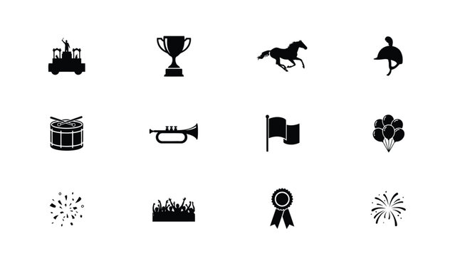 Celebration icons set with celebratory themes against clean white background minimalist black silhouettes with silhouettes