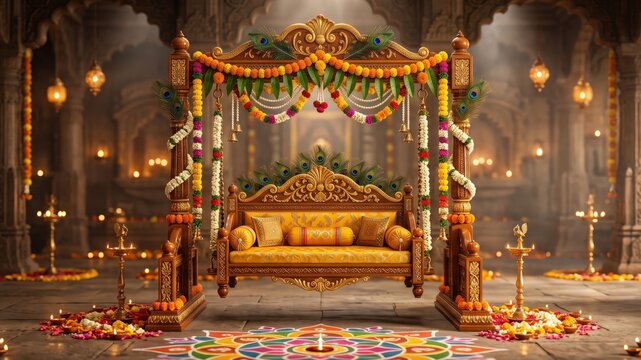 Decorated Empty Krishna Jhula for Janmashtami Festival