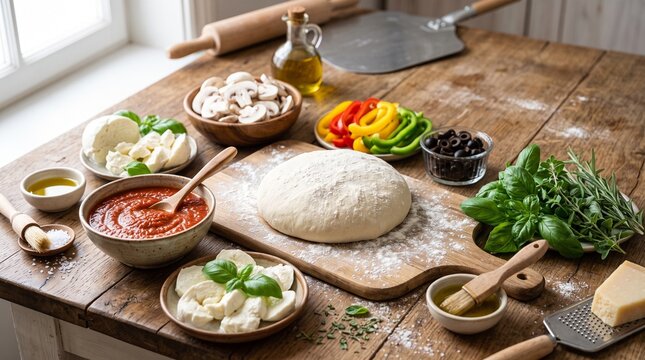 Pizza ingredients on wooden counter with fresh dough, tomato sauce, mozzarella and vegetables for Italian cooking