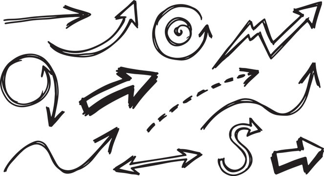 Black ink doodles of arrows, circles, and lines in abstract style