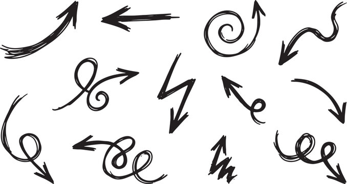 Black ink doodles of arrows, circles, and squiggles on white background
