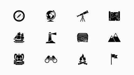 Naklejka premium Black flat icons set with displays minimalist black white icon collection showcasing nine distinct symbols related exploration travel against clean white background