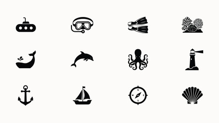 Minimalist black and white marine adventure icon set collection with nautical themes against plain background representing underwater exploration © Parthokumar