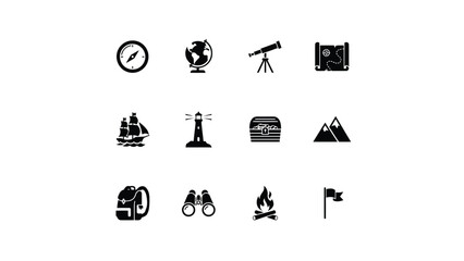 Minimalist black icons set with minimalist style against neutral background representing exploration themes navigation monochromatic icons arranged grid © Parthokumar