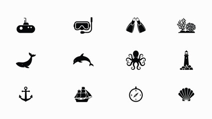 Black and white minimalist icons of marine exploration with showcases stylized collection nine black silhouette icons representing underwater exploration © Parthokumar